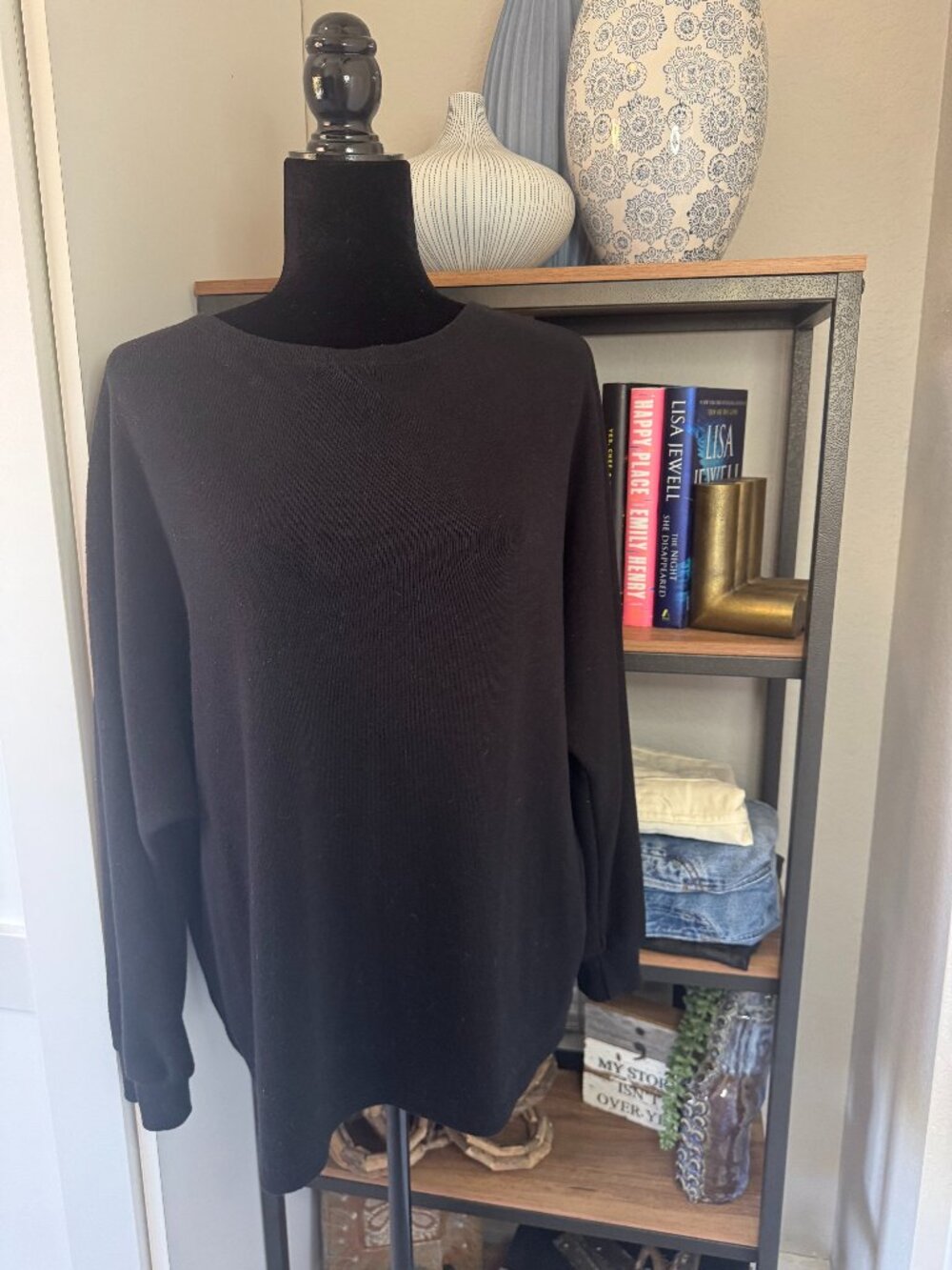 Fashion Black Oversized Knit Top with Dolman Sleeves - Size M